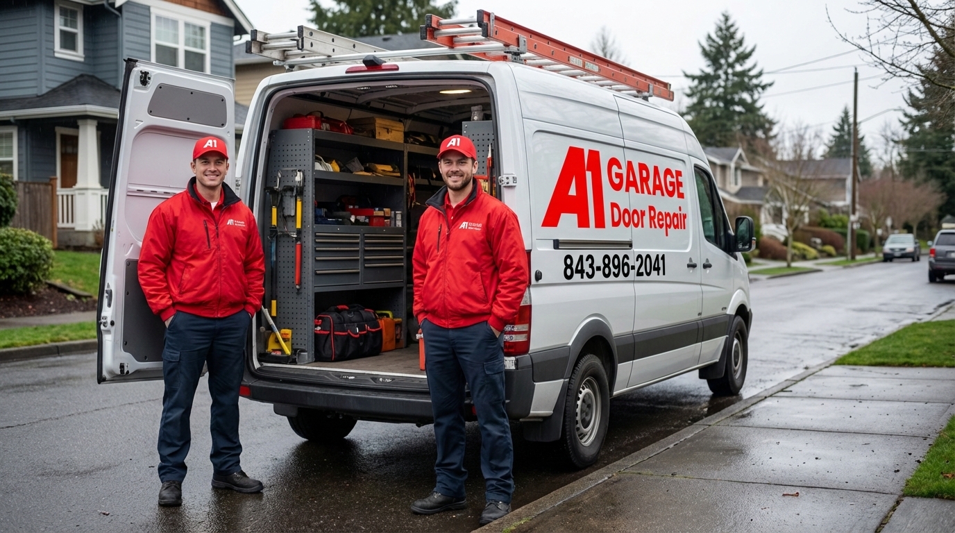 Two uniformed A1 Garage Door Repair technicians standing at the back of a fully equipped service van..jpg in Charleston, SC